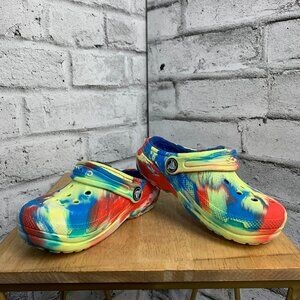 Crocs Classic Lined Marbled Clog Kids C10 Yellow Red Slip On Beach Water Sandals